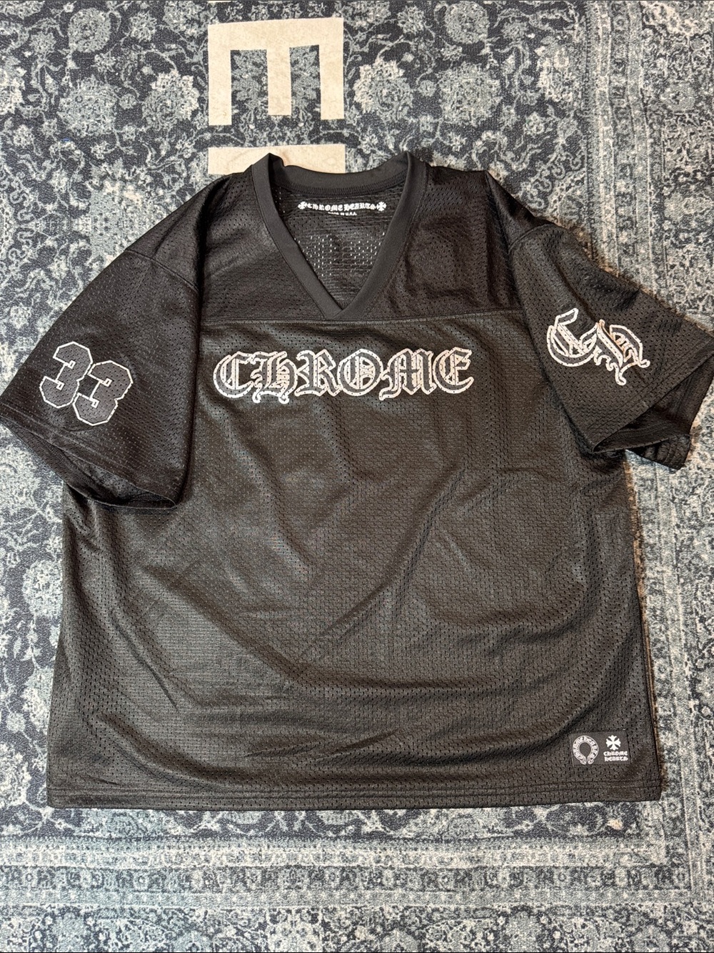 Chrome Hearts Black Mesh V-Neck Jersey with White Script